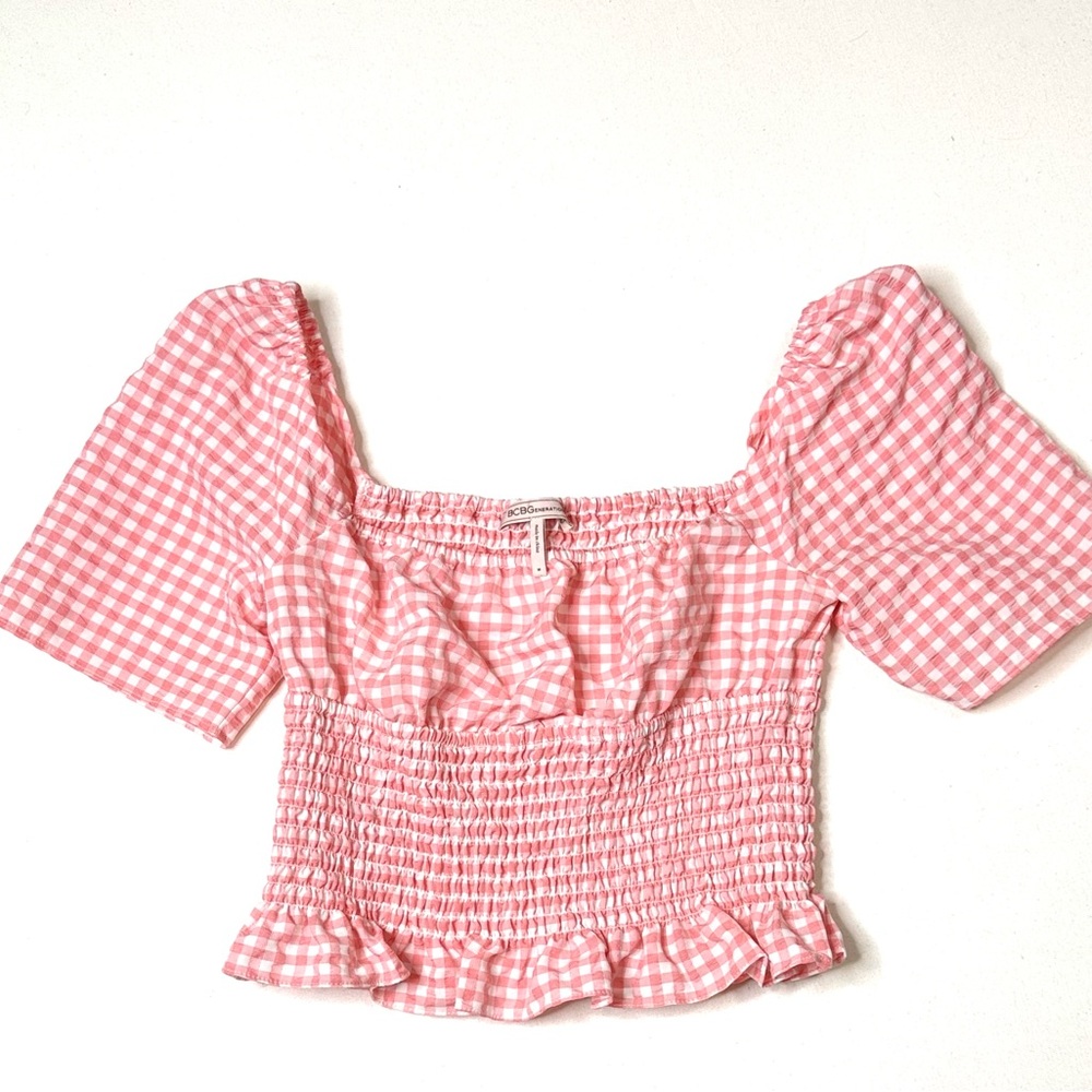 BCBGeneration Pink Gingham Smocked Crop Top Puff Sleeve Blouse Size M